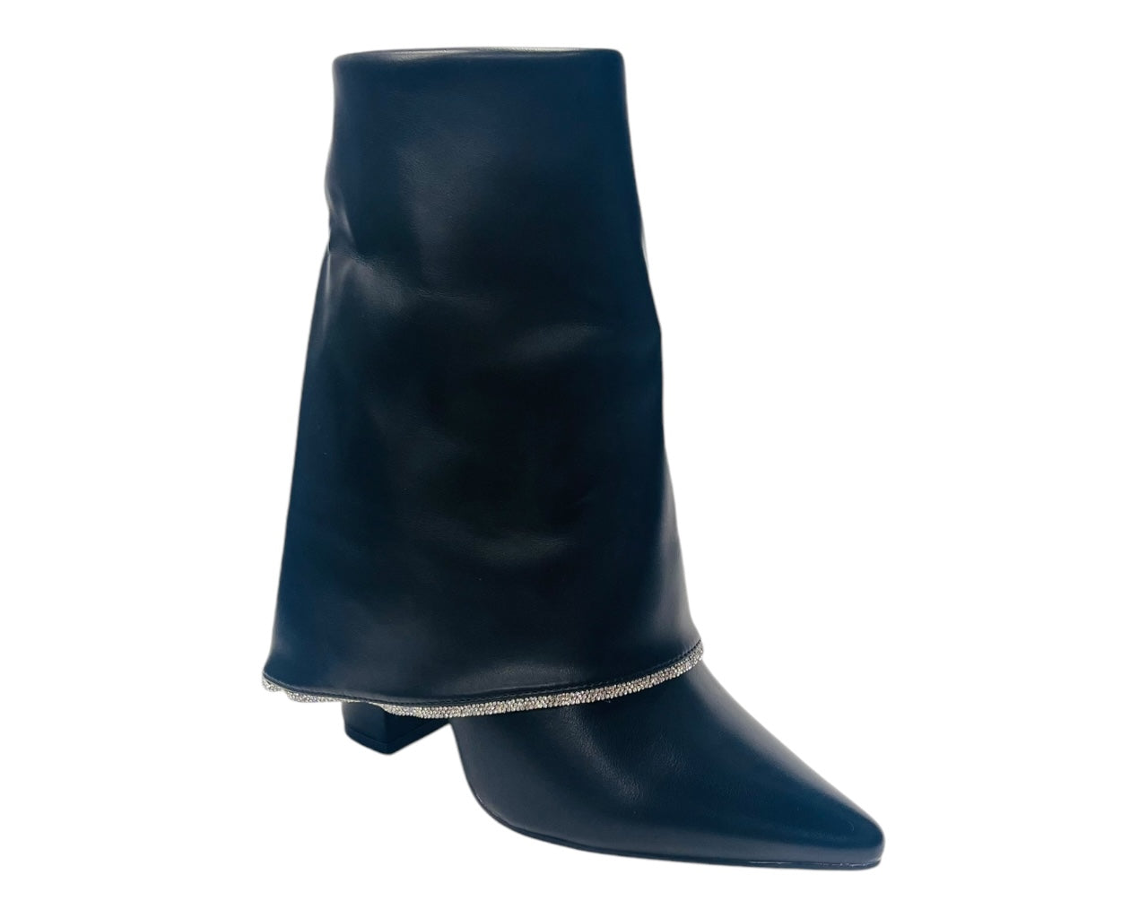 Block Heel Fold Over Rhinestone Ankle Boots