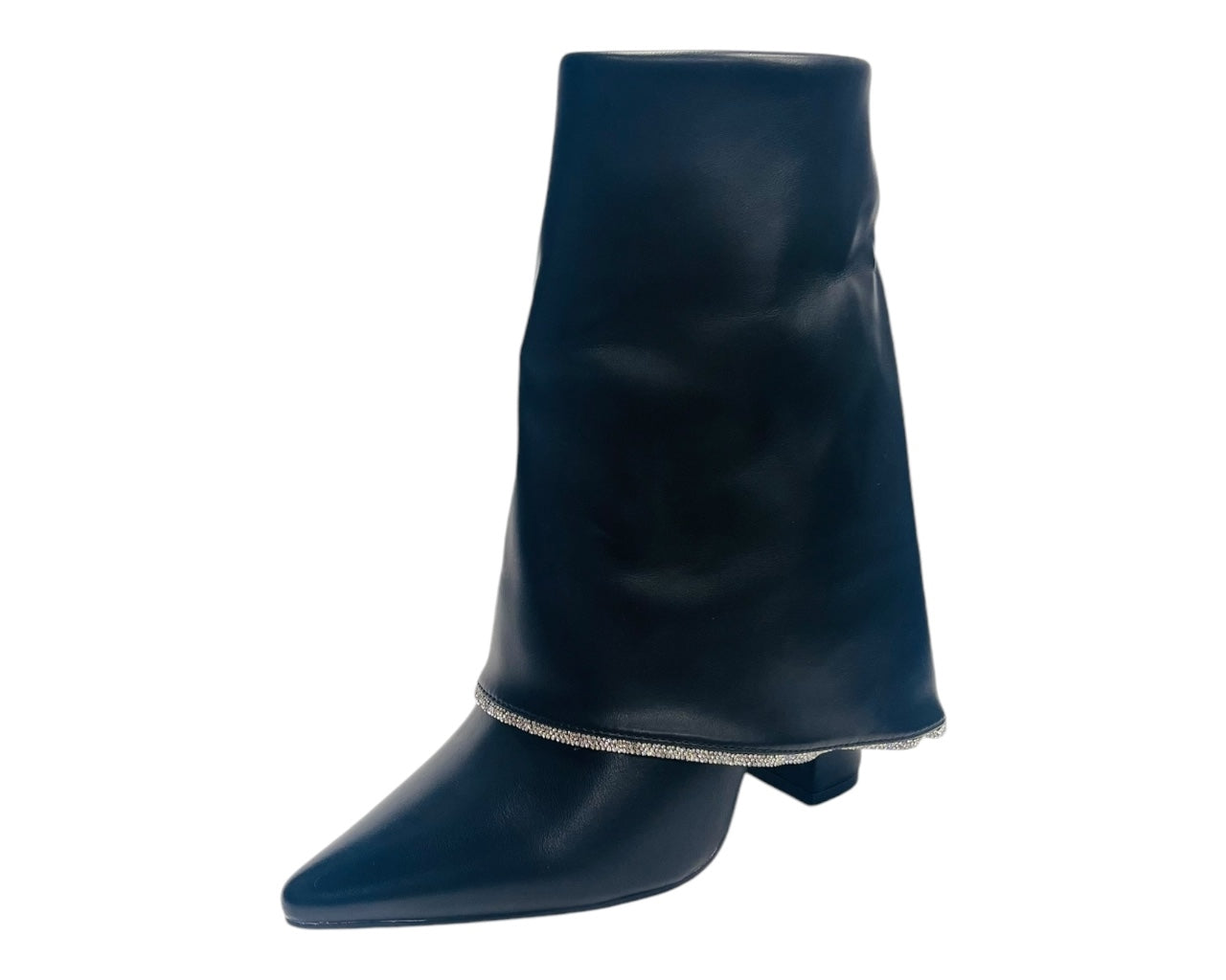 Block Heel Fold Over Rhinestone Ankle Boots