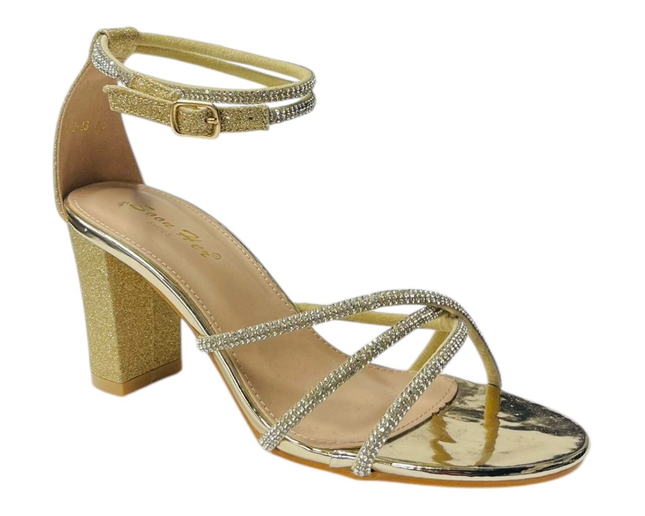 Crossover Block Heel Diamante Strappy Shoes