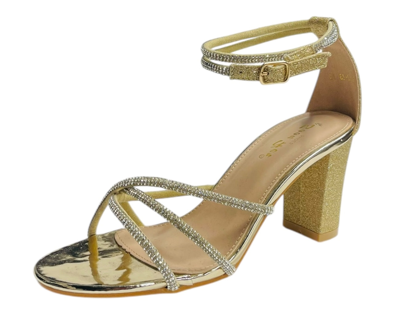 Crossover Block Heel Diamante Strappy Shoes