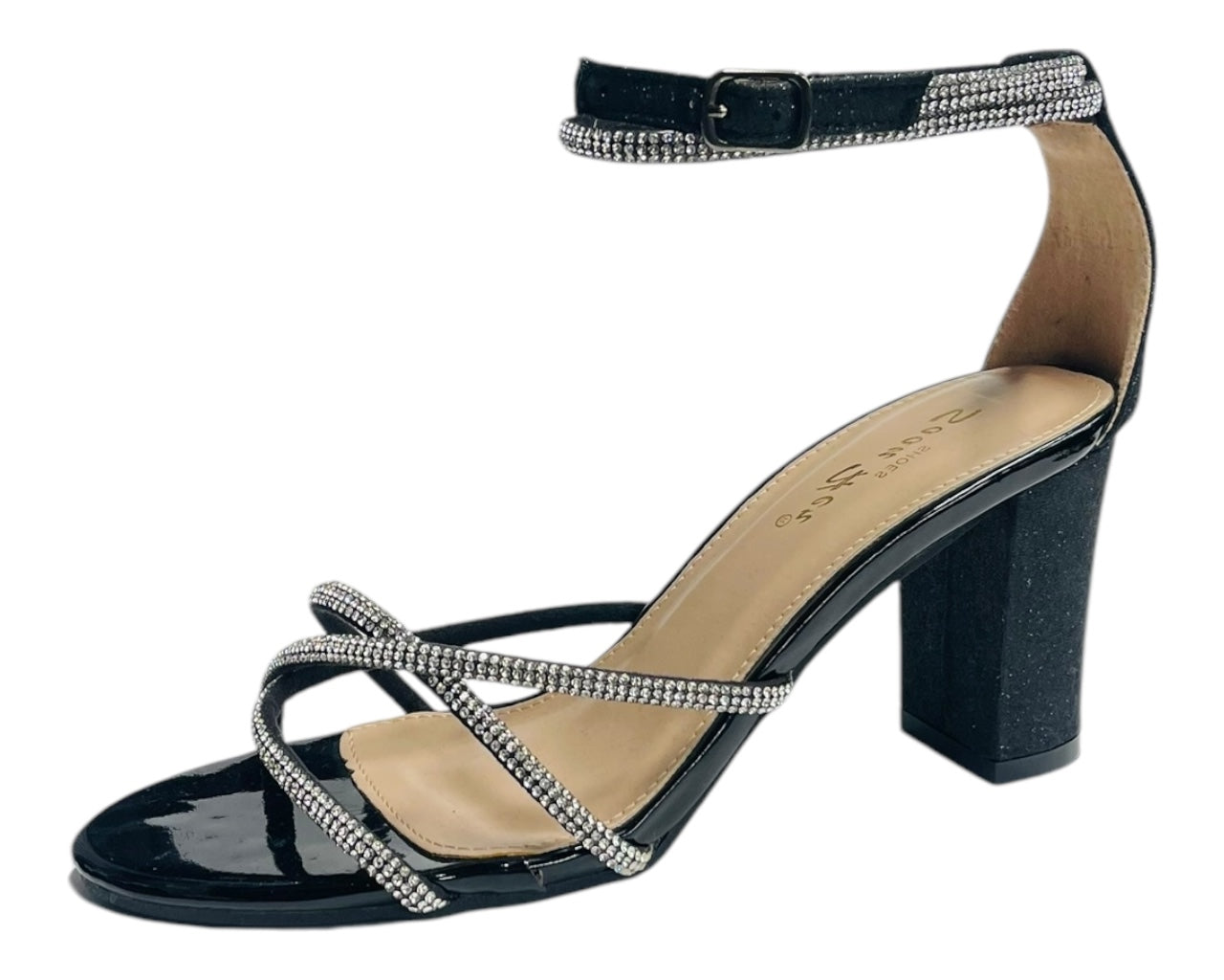 Crossover Block Heel Diamante Strappy Shoes