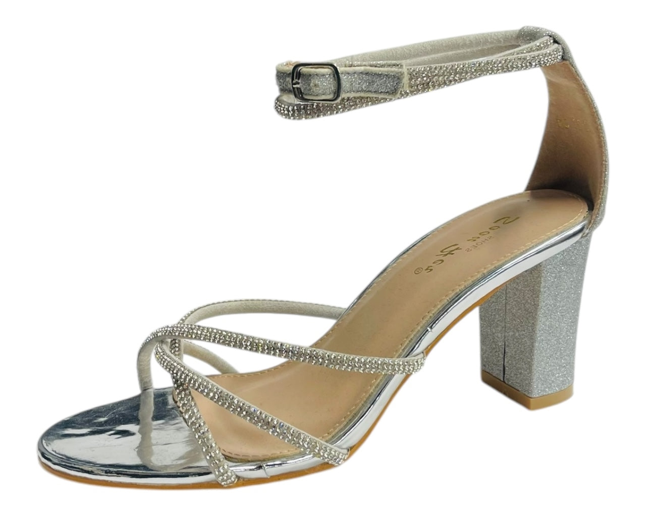 Crossover Block Heel Diamante Strappy Shoes
