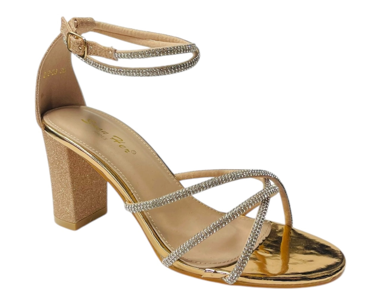 Crossover Block Heel Diamante Strappy Shoes