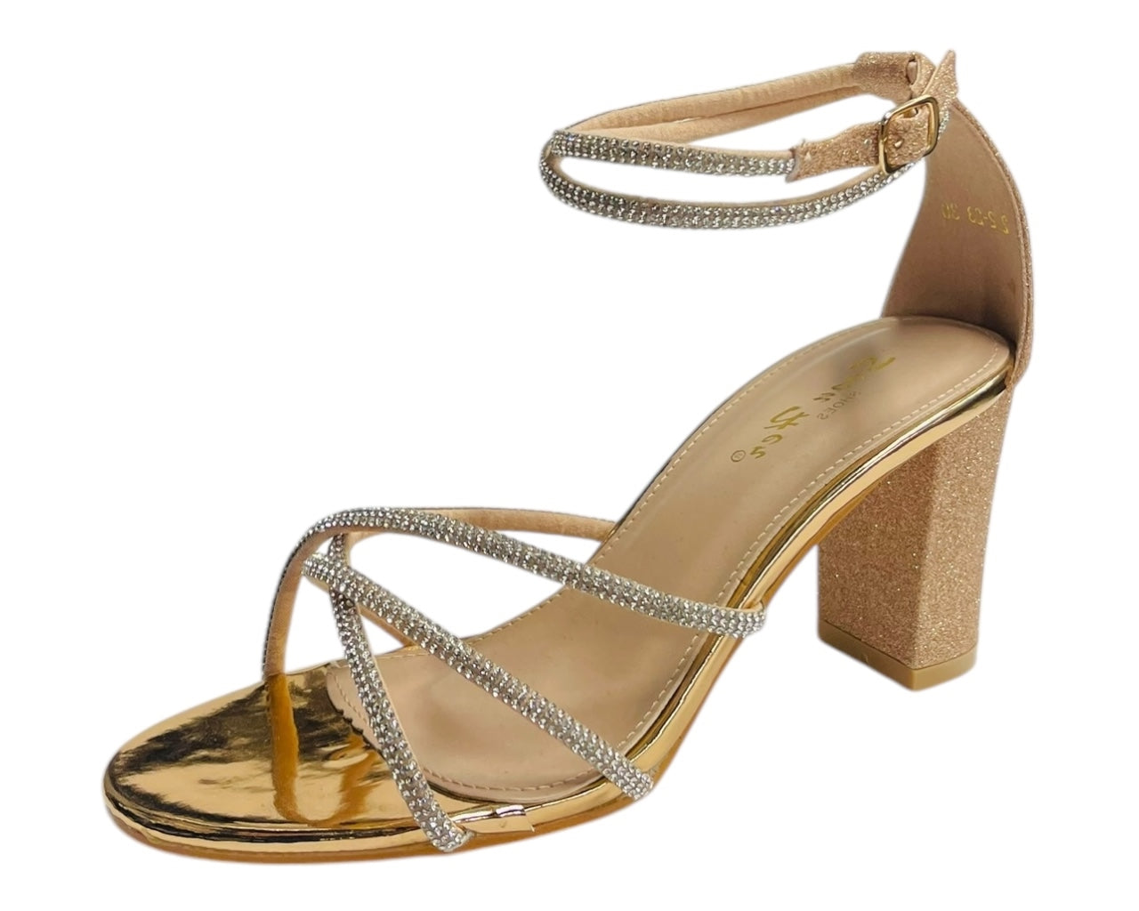 Crossover Block Heel Diamante Strappy Shoes