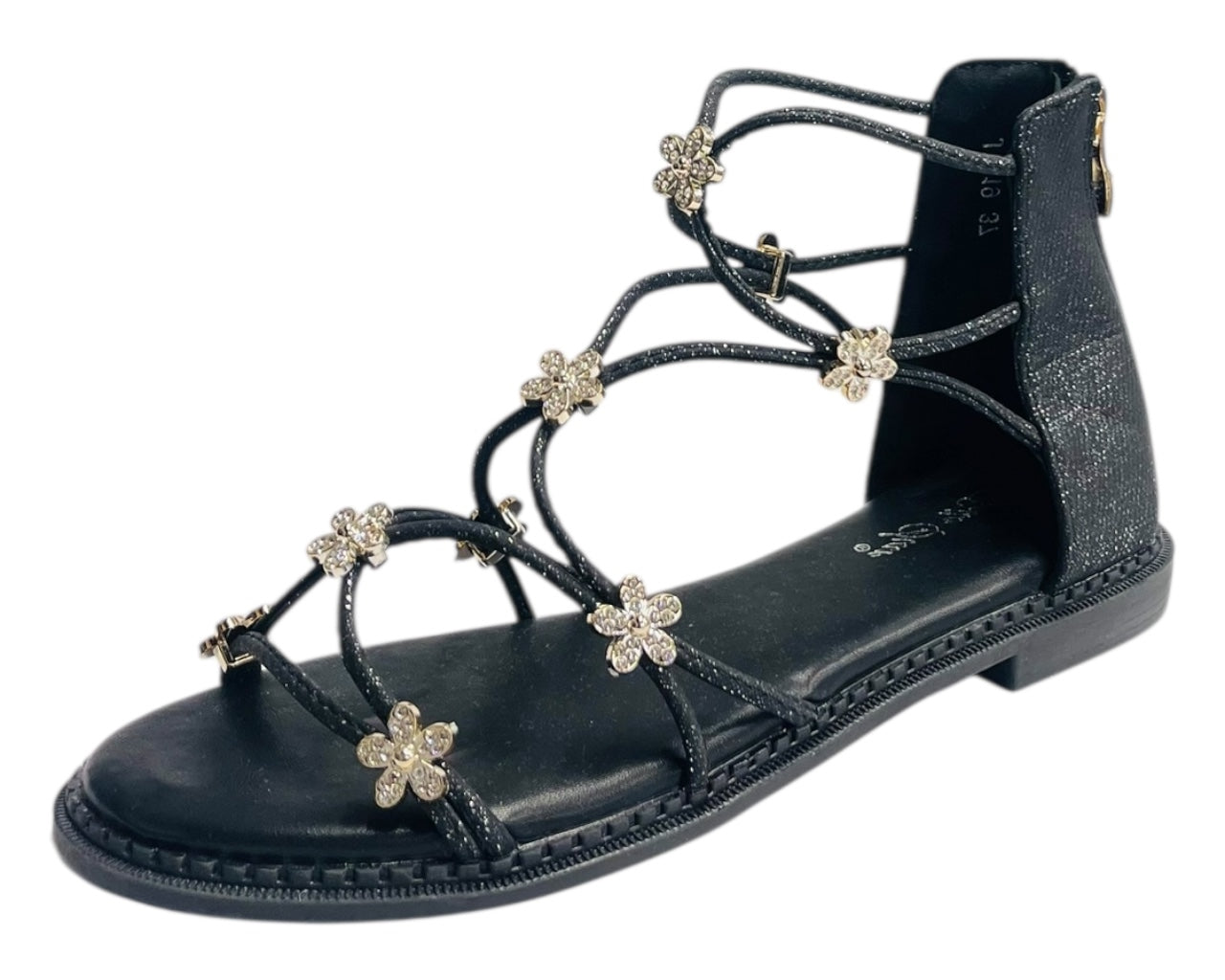 Strass Flowers Flat Zip Sandals