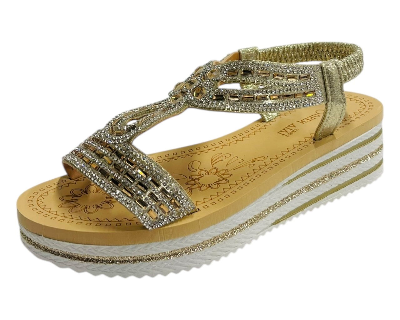 Elastic Ankle Strap Diamante Wedge Sandals