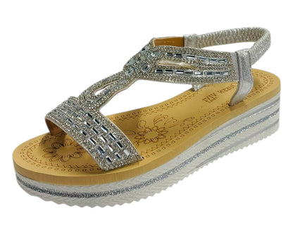 Elastic Ankle Strap Diamante Wedge Sandals