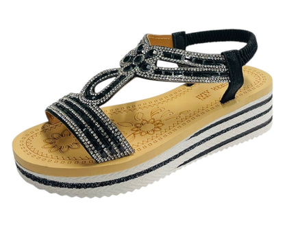 Elastic Ankle Strap Diamante Wedge Sandals