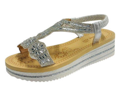 Diamante Elastic Ankle Strap Wedge Sandals
