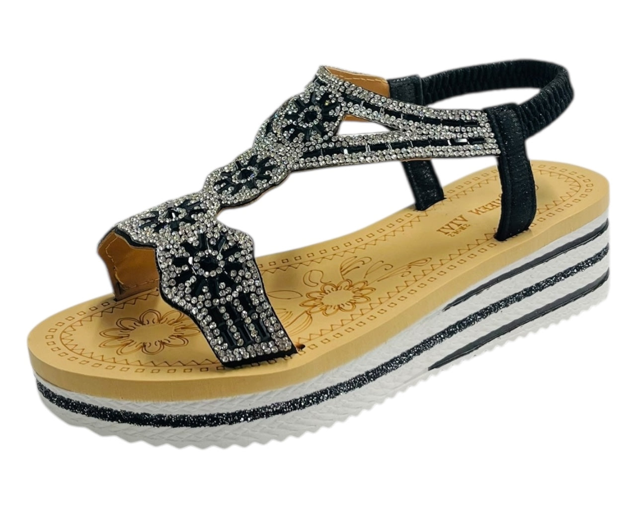 Diamante Elastic Ankle Strap Wedge Sandals