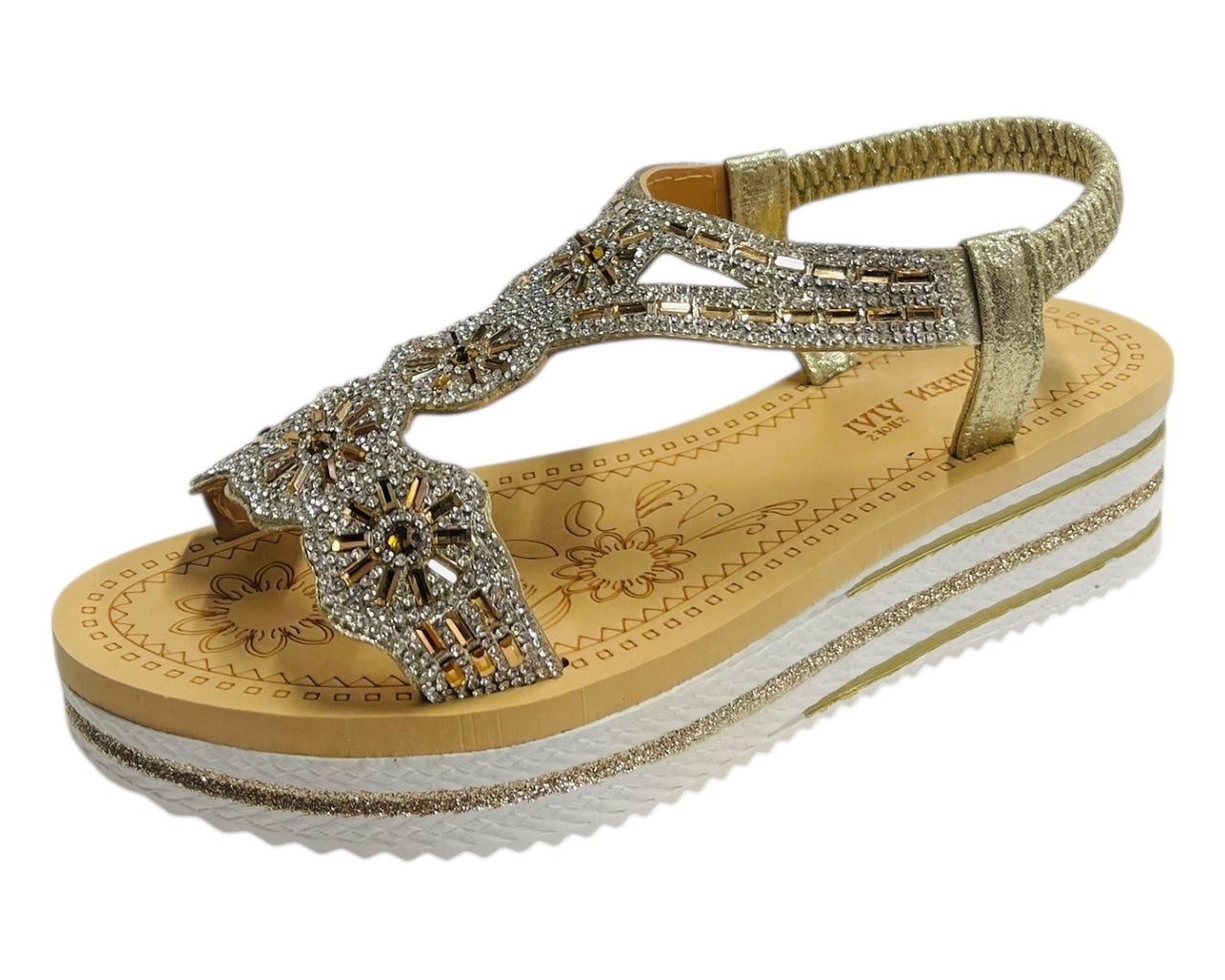 Diamante Elastic Ankle Strap Wedge Sandals