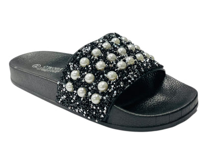 Rhinestone Embellished Flat Slide Sandals