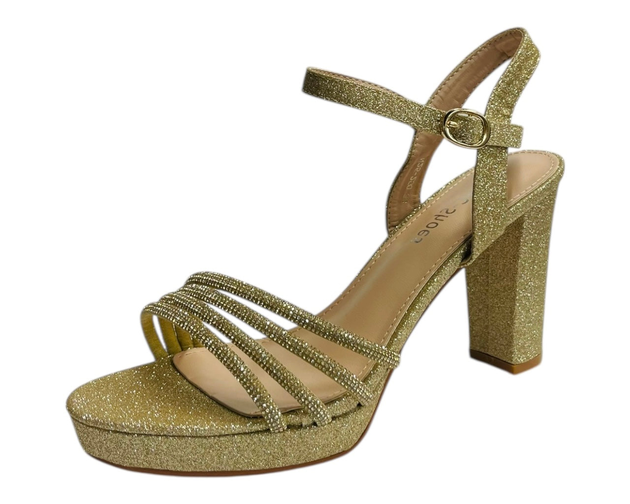 Diamante Block Heel Glitter Ankle Strap Shoes