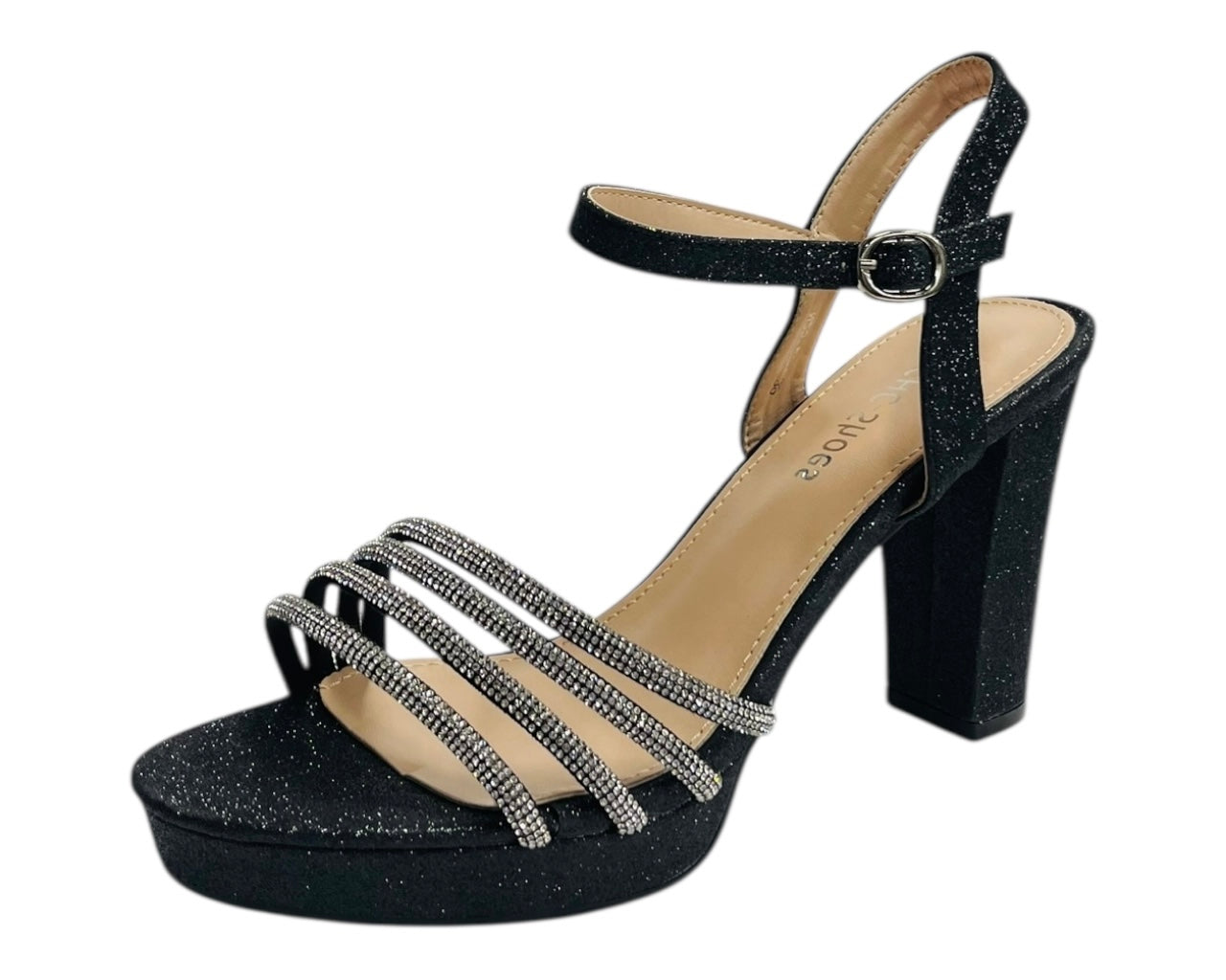 Diamante Block Heel Glitter Ankle Strap Shoes