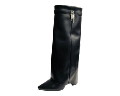Padlock Details Knee High Fold Over Block Heel Boots