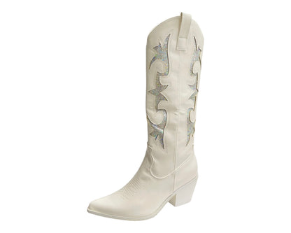 Faux Leather Sequins Embroidery Cowboy Boots
