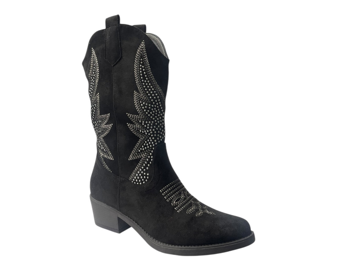 Faux Suede Embroidered Cowboy Ankle Boots