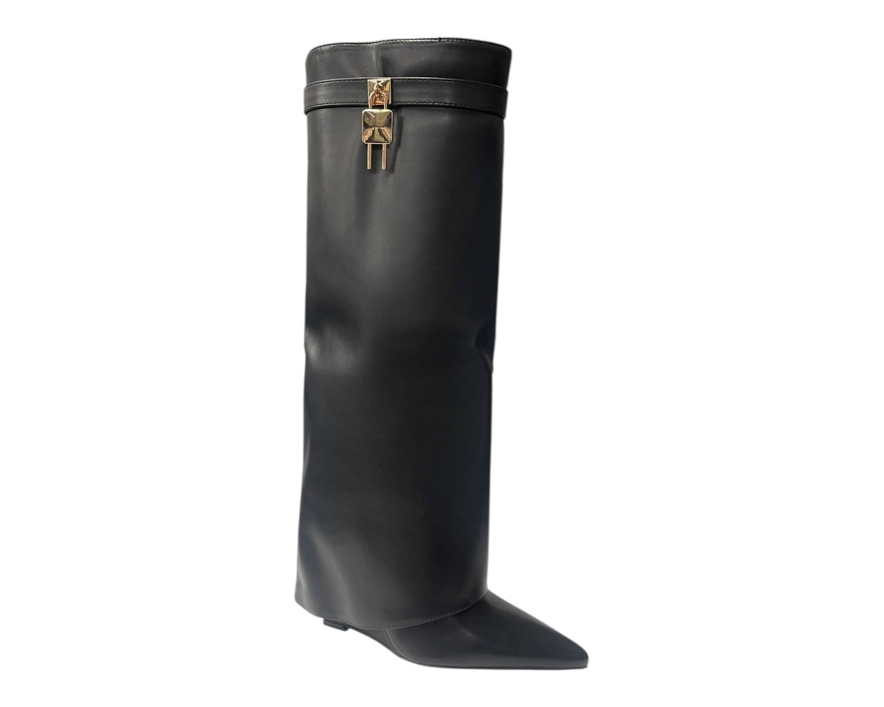 Faux Leather Padlock Knee High Fold Over Wedge Heel Boots