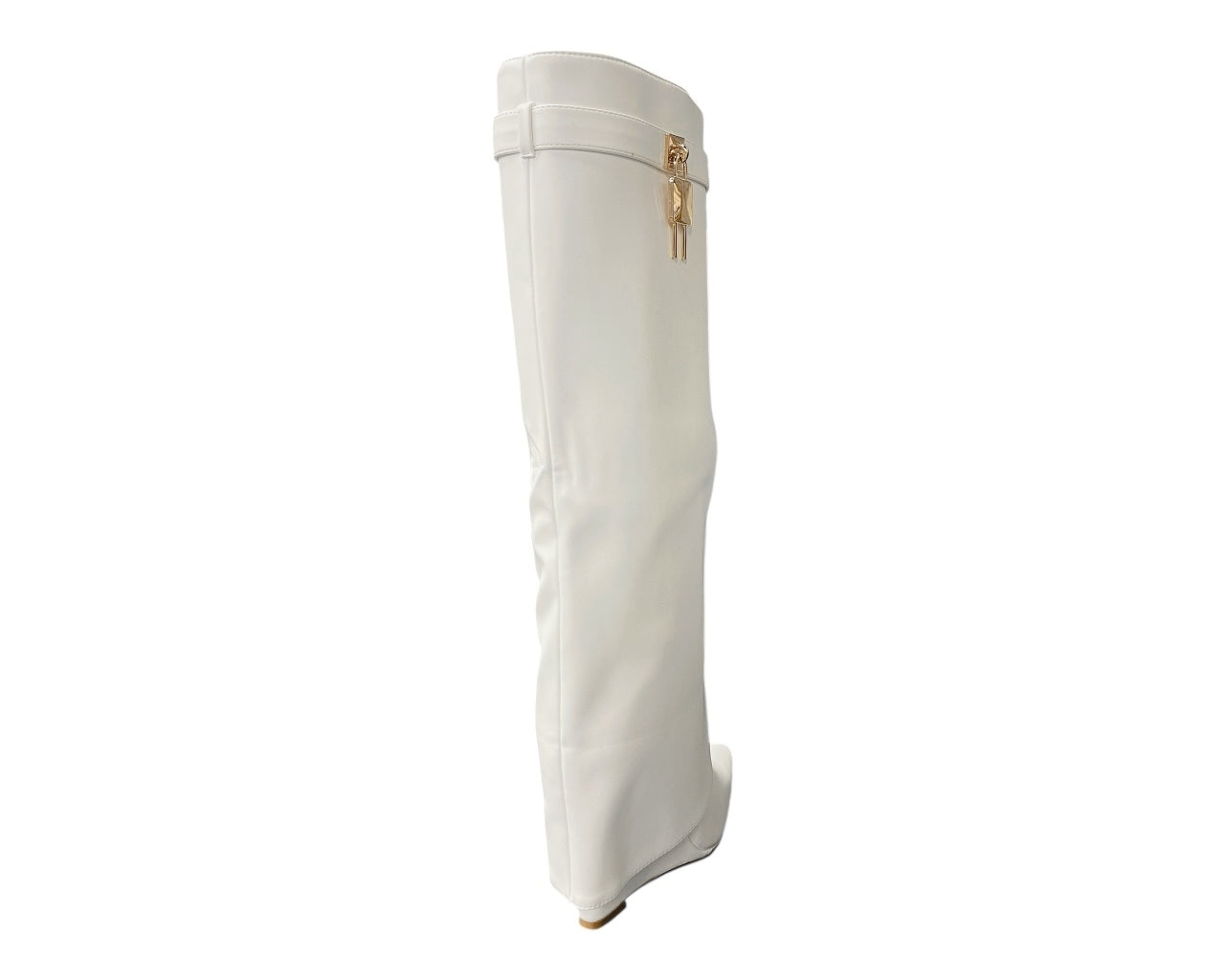 Faux Leather Padlock Knee High Fold Over Wedge Heel Boots