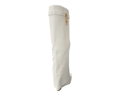Faux Leather Padlock Knee High Fold Over Wedge Heel Boots