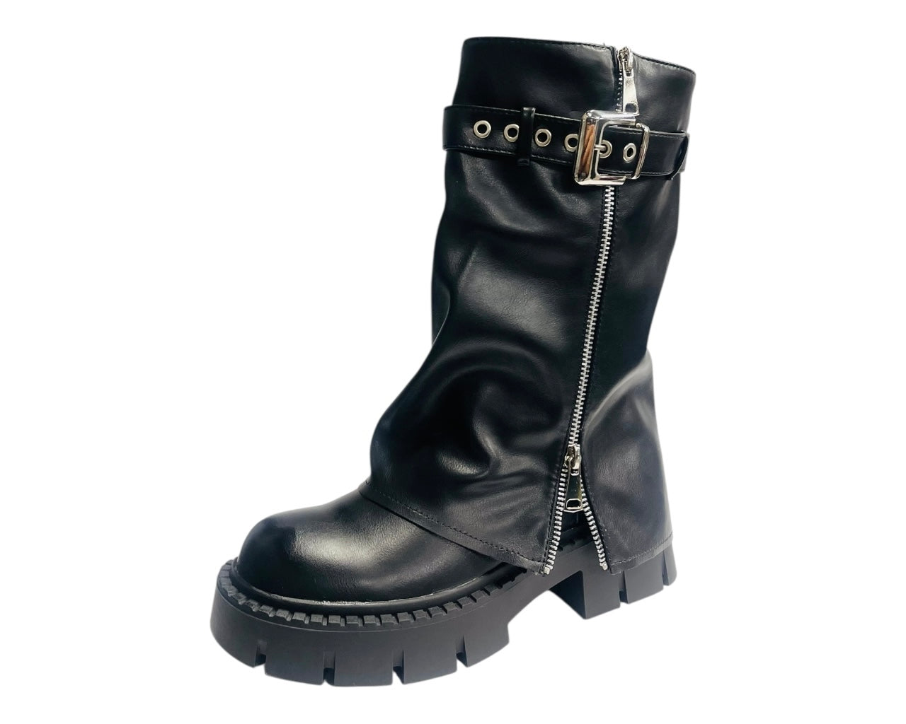 Chunky Sole Mid Calf Zip Fold Over Biker Boots
