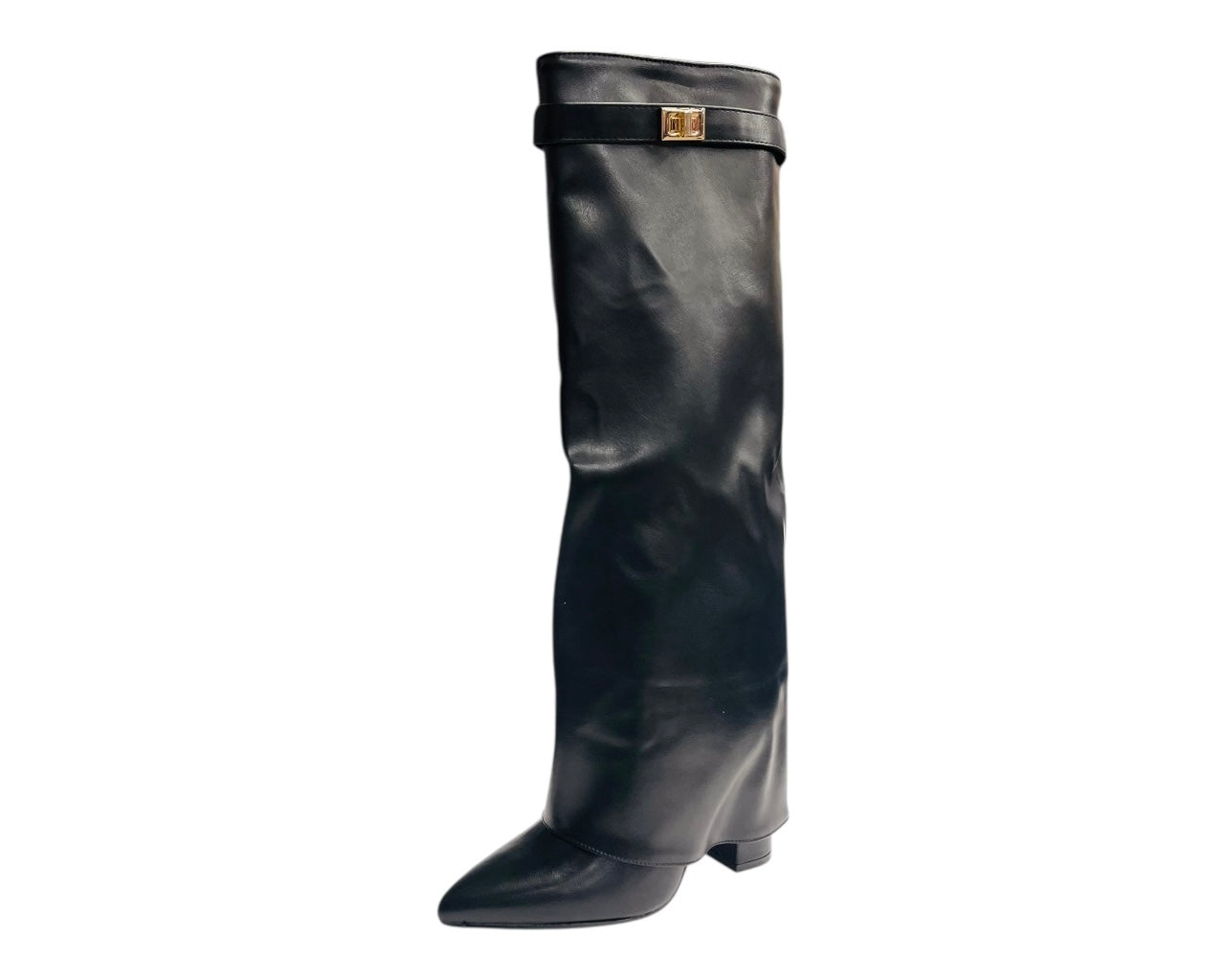 Knee High Faux Leather Fold Over Block Heel Boots
