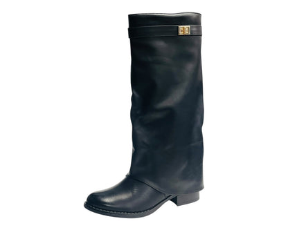 Knee High Faux Leather Fold Over Flat Sole Boots