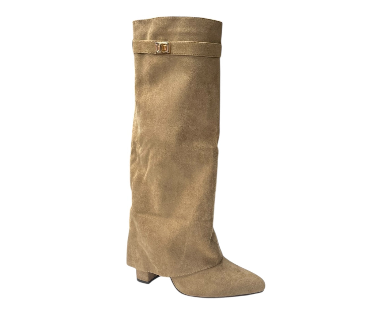 Knee High Faux Suede Fold Over Block Heel Boots