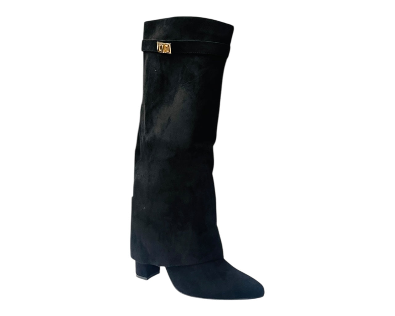 Knee High Faux Suede Fold Over Block Heel Boots