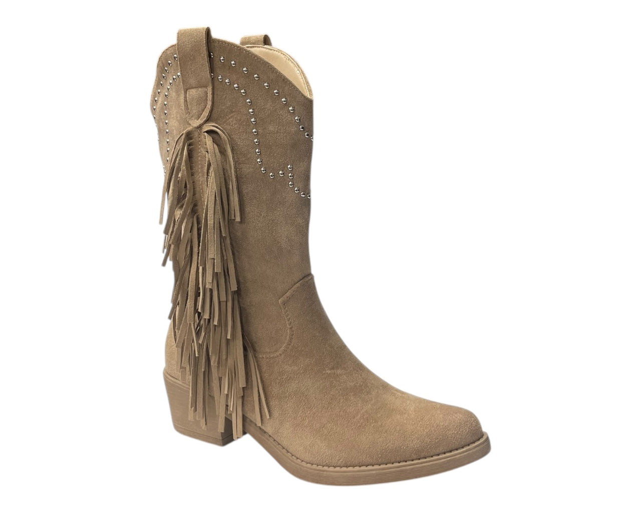 Mid Calf Stud Fringe Faux Suede Tassel Boots