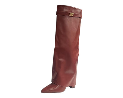 Knee High Faux Leather Fold Over Block Heel Boots