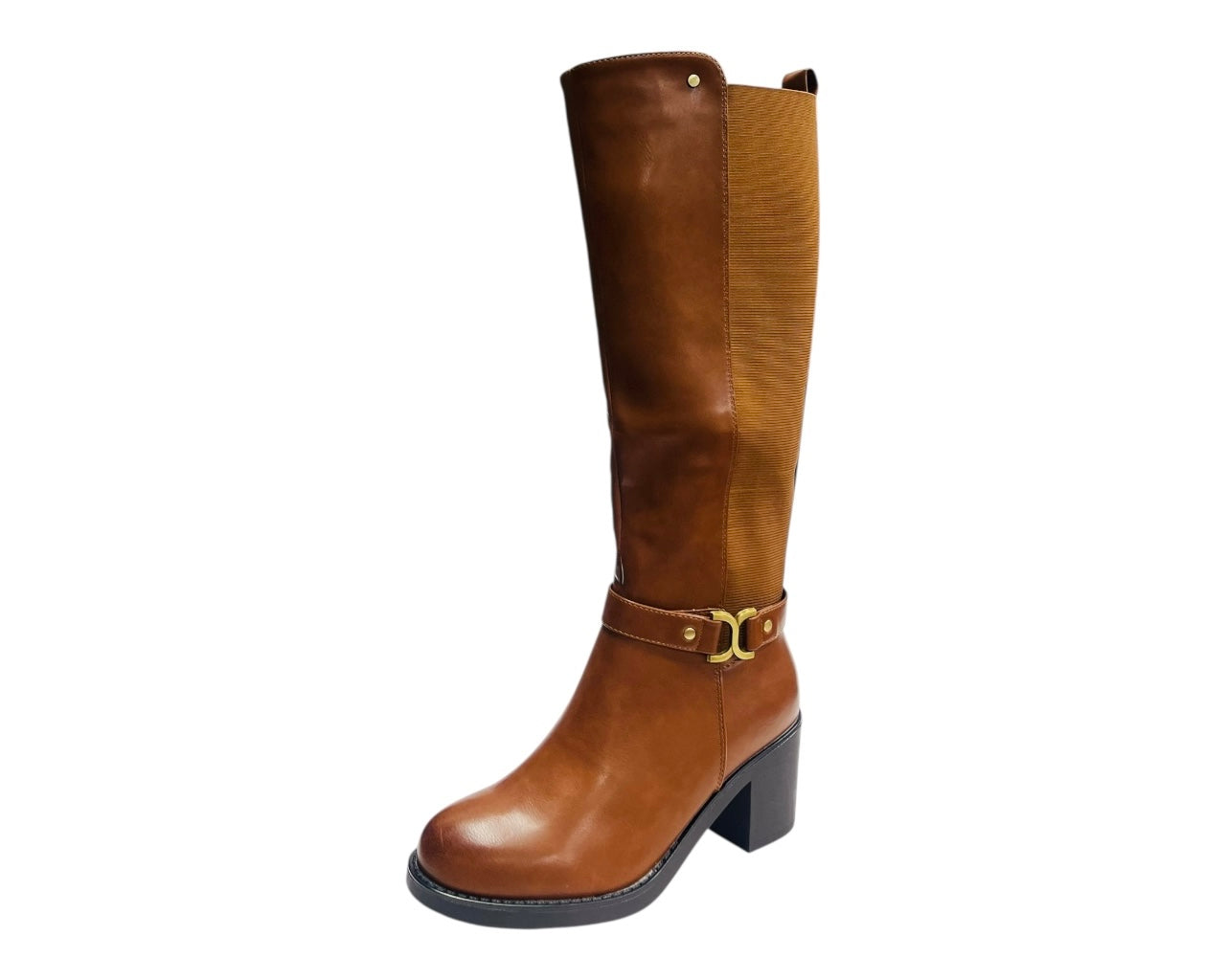 Faux Leather Stretch Panel Zip Knee High Boots