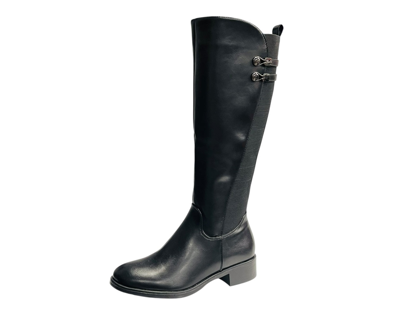 Elastic Panel Faux Leather Zip Knee High Boots