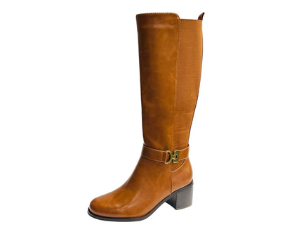 Faux Leather Elastic Panel Zip Knee High Boots