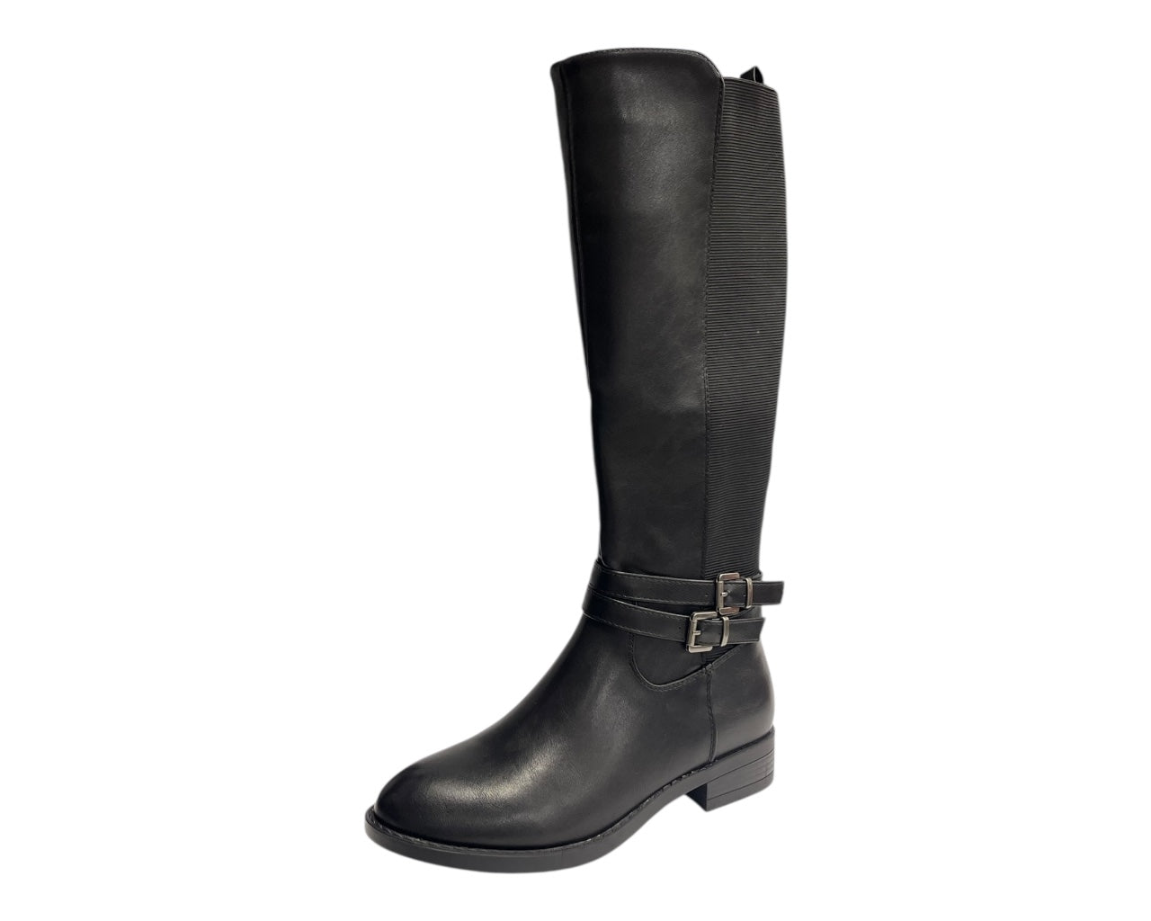 Faux Leather Knee High Elastic Panel Flat Sole Boots