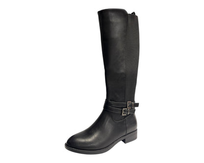 Faux Leather Knee High Elastic Panel Flat Sole Boots