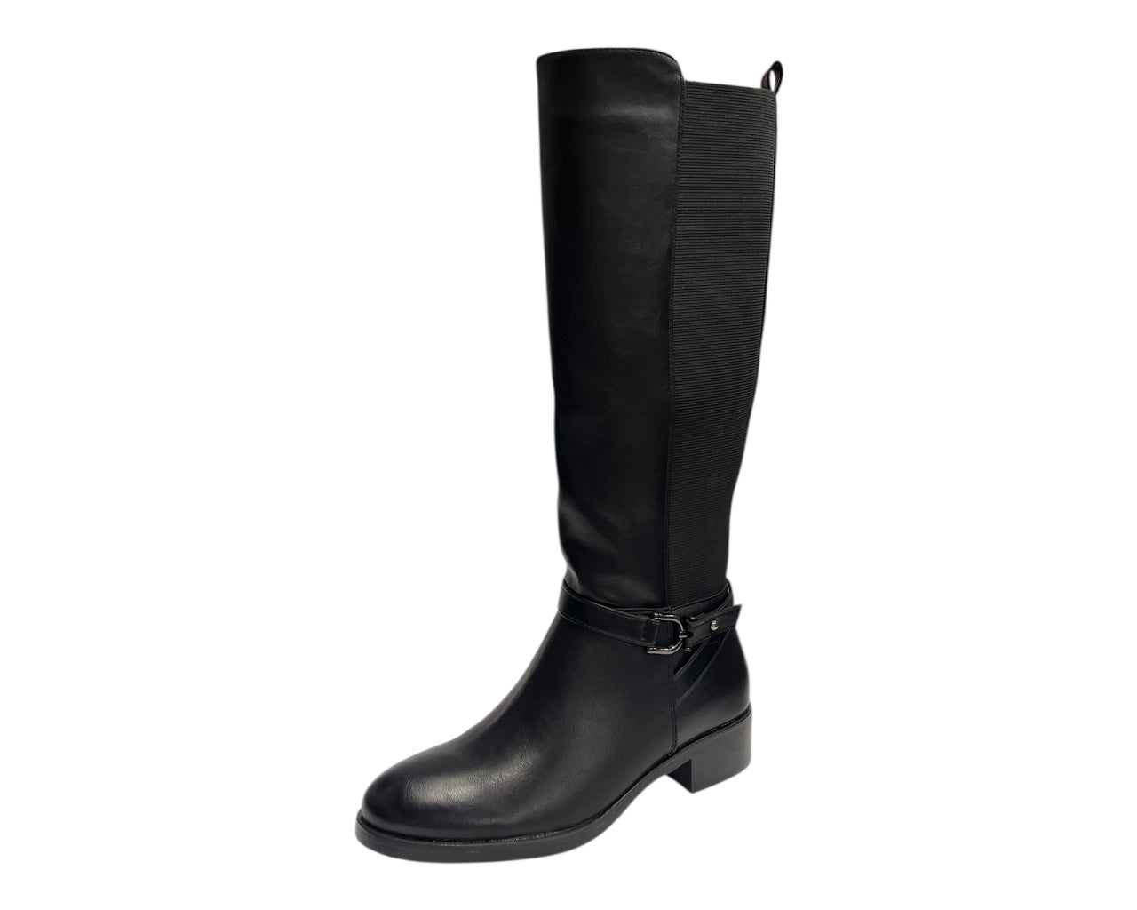 Knee High Faux Leather Elastic Panel Flat Sole Boots