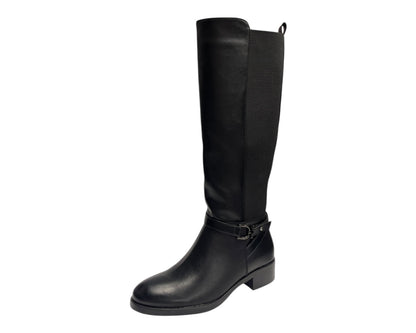 Knee High Faux Leather Elastic Panel Flat Sole Boots