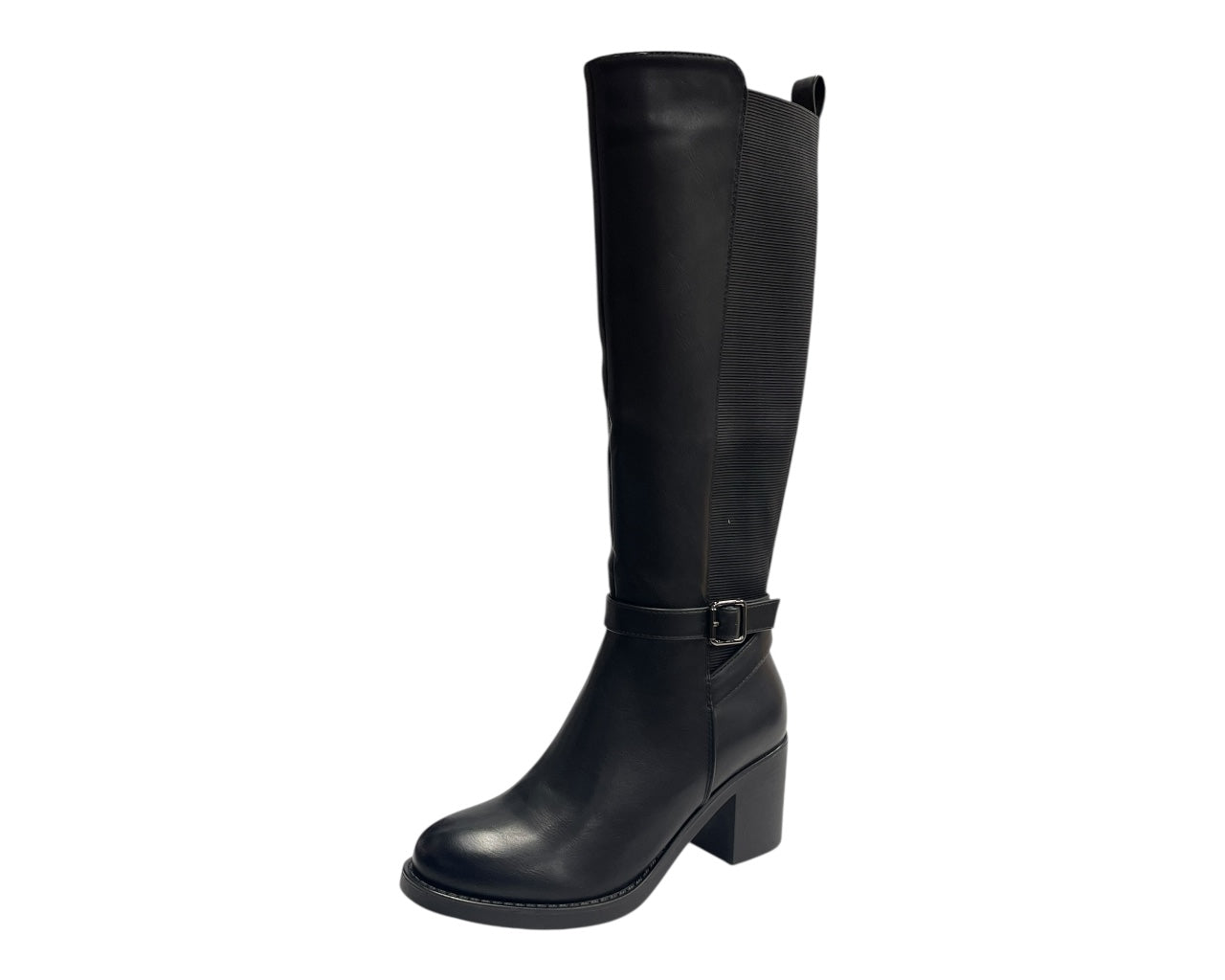 Stretch Panels Faux Leather Zip Knee High Boots