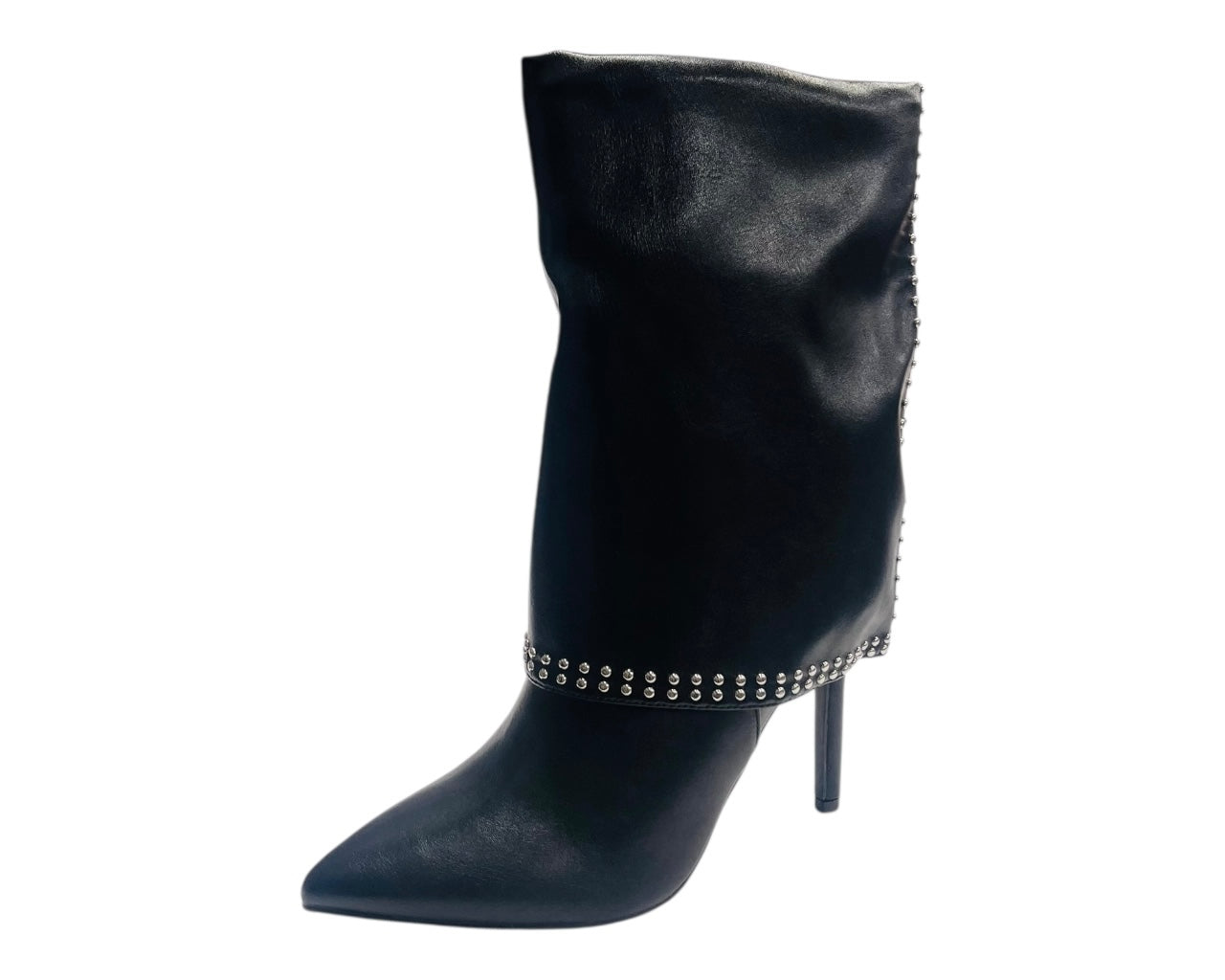 Mid Calf Pointed Toe Studded Fold Over Boots