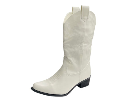 Mid Calf Embroidered Faux Patent Leather Cowboy Boots