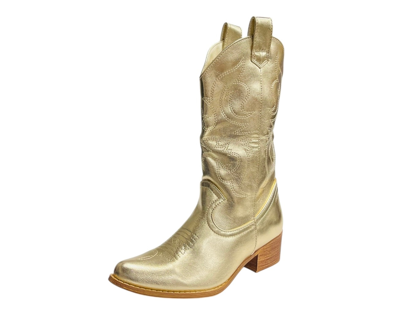 Mid Calf Embroidered Faux Patent Leather Cowboy Boots