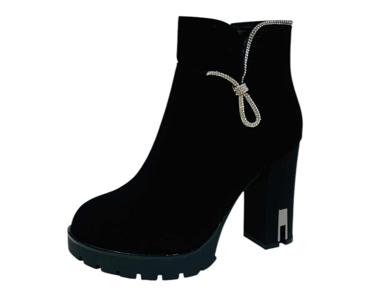 Diamante Faux Suede Block Heel Zip Ankle Boots