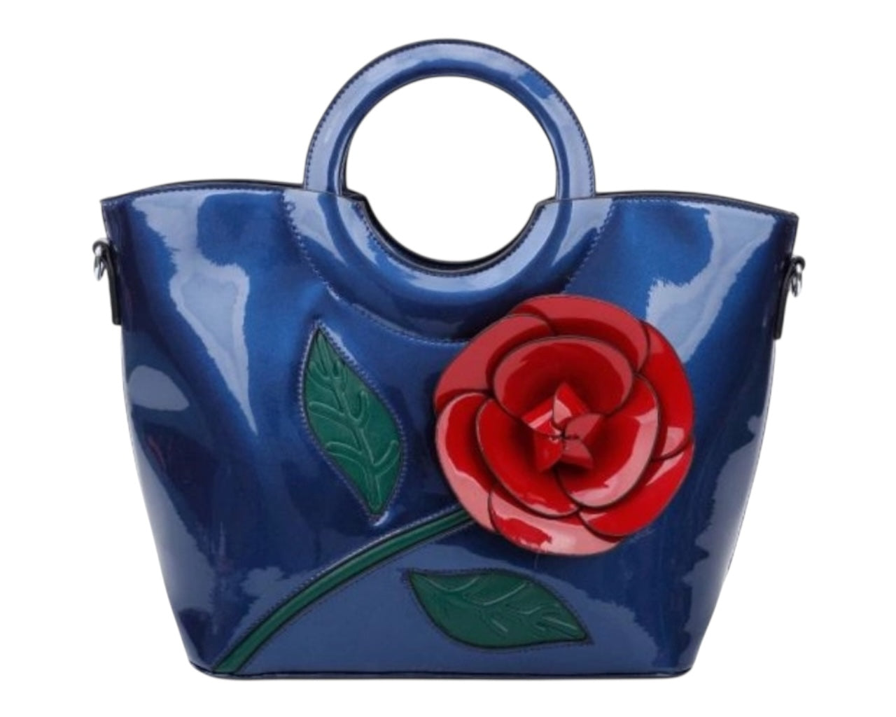 Faux Patent Floral Embellished Top Handles Large Shoulder Bag