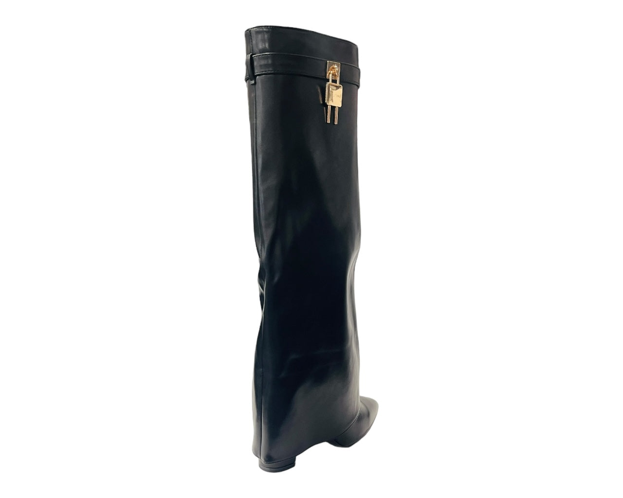 Faux Leather Padlock Knee High Fold Over Block Heel Boots