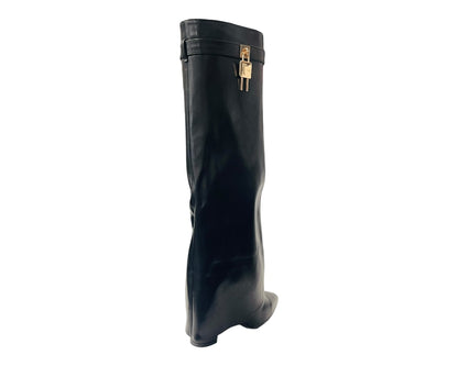 Faux Leather Padlock Knee High Fold Over Block Heel Boots