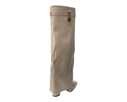 Faux Leather Padlock Knee High Fold Over Block Heel Boots