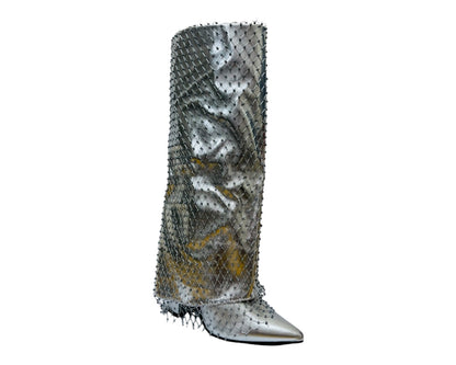 Fold Over Knee High Diamante Fishnet Boots