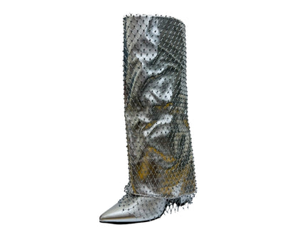 Fold Over Knee High Diamante Fishnet Boots