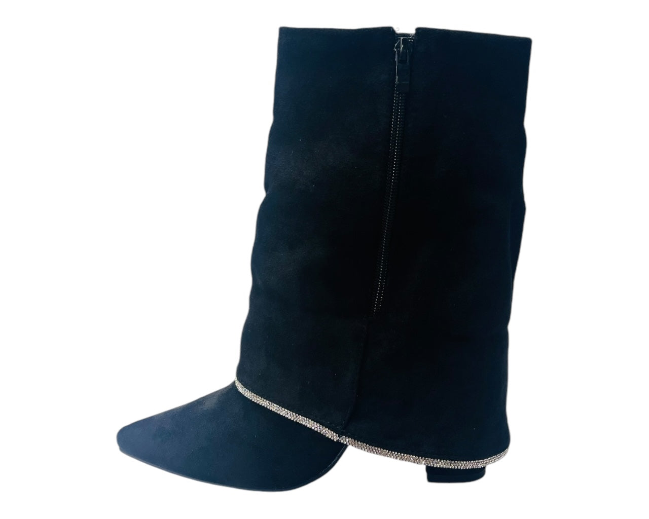 Block Heel Fold Over Rhinestone Ankle Boots